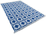 Modern Handmade Cotton Area Flat Weave Rug, Natural Vegetable Dyed, Blue & White Geometric Indian Dhurrie, Kilim Striped Rug, Wall Tapestry