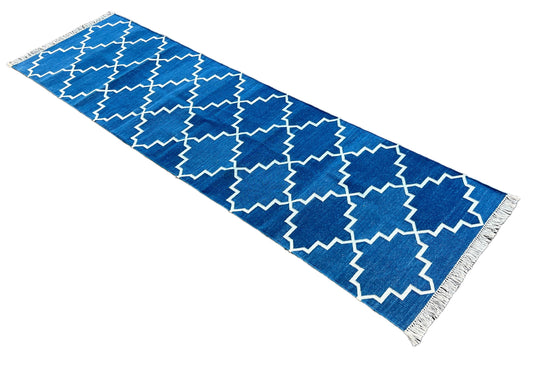 Modern Handmade Cotton Flat Weave Runner Blue And White Geometric Runner-6455