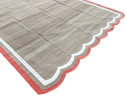 Modern Handmade Cotton Area Flat Weave Rug, Natural Vegetable Dyed, Beige & Red Scalloped Edge Indian Dhurrie, Kilim Striped, Wall Tapestry