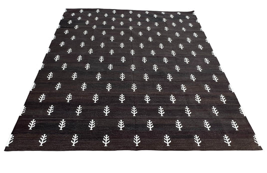 Modern Handmade Cotton Coffee Brown Tree Patterned Leaf Rug-6428