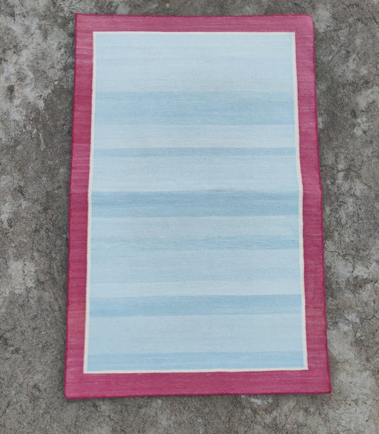 Modern Handmade Cotton Area Flat Weave Rug, Natural Vegetable Dyed, Blue & Pink Solid Bordered Indian Dhurrie, Kilim Striped, Wall Tapestry