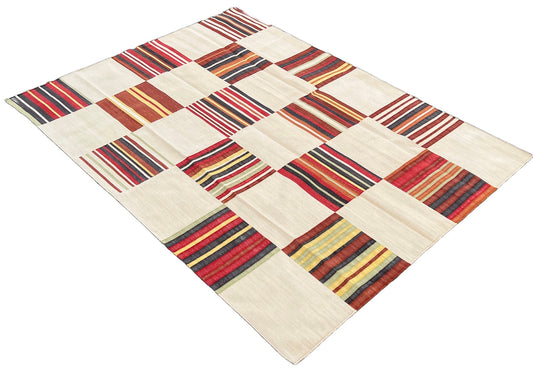 Modern Handmade Cotton Area Flat Weave Rug, Natural Vegetable Dyed, Beige & Red Tile Pattern Stripe Indian Dhurrie, Kilim Rug, Wall Tapestry
