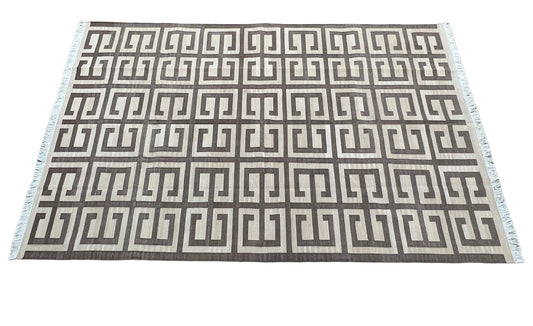 Modern Handmade Cotton Area Flat Weave Rug, Natural Vegetable Dyed, Beige & Brown Tile Pattern Indian Dhurrie, Kilim Striped, Wall Tapestry