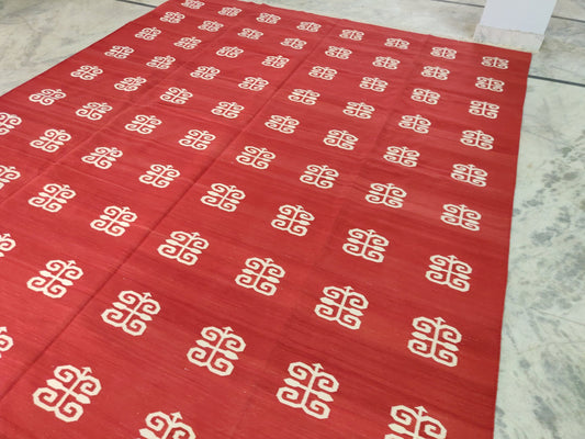 Modern Handmade Cotton Area Flat Weave Rug, Natural Vegetable Dyed, 8x10 Red And White