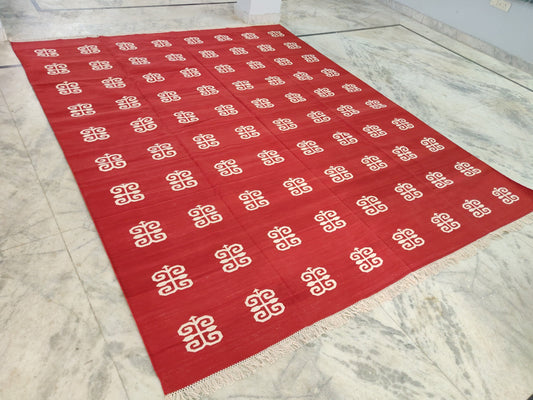 Modern Handmade Cotton Area Flat Weave Rug, Natural Vegetable Dyed, 8x10 Red And White