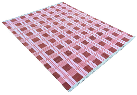 Modern Handmade Cotton Pink And Red Checked Rug-6522