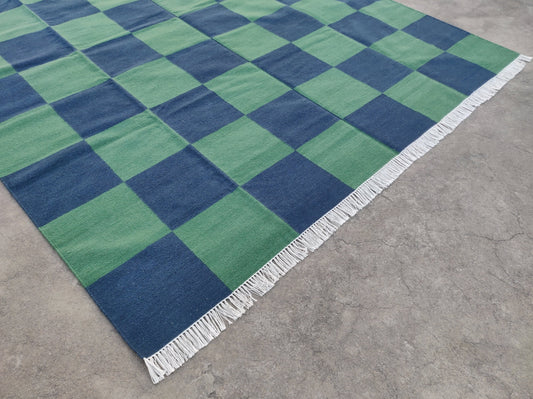 Modern Handmade Woolen Area Flat Weave Rug, Natural Vegetable Dyed, Green And Blue Checked Indian Dhurrie, Woolen Striped Rug, Wall Tapestry