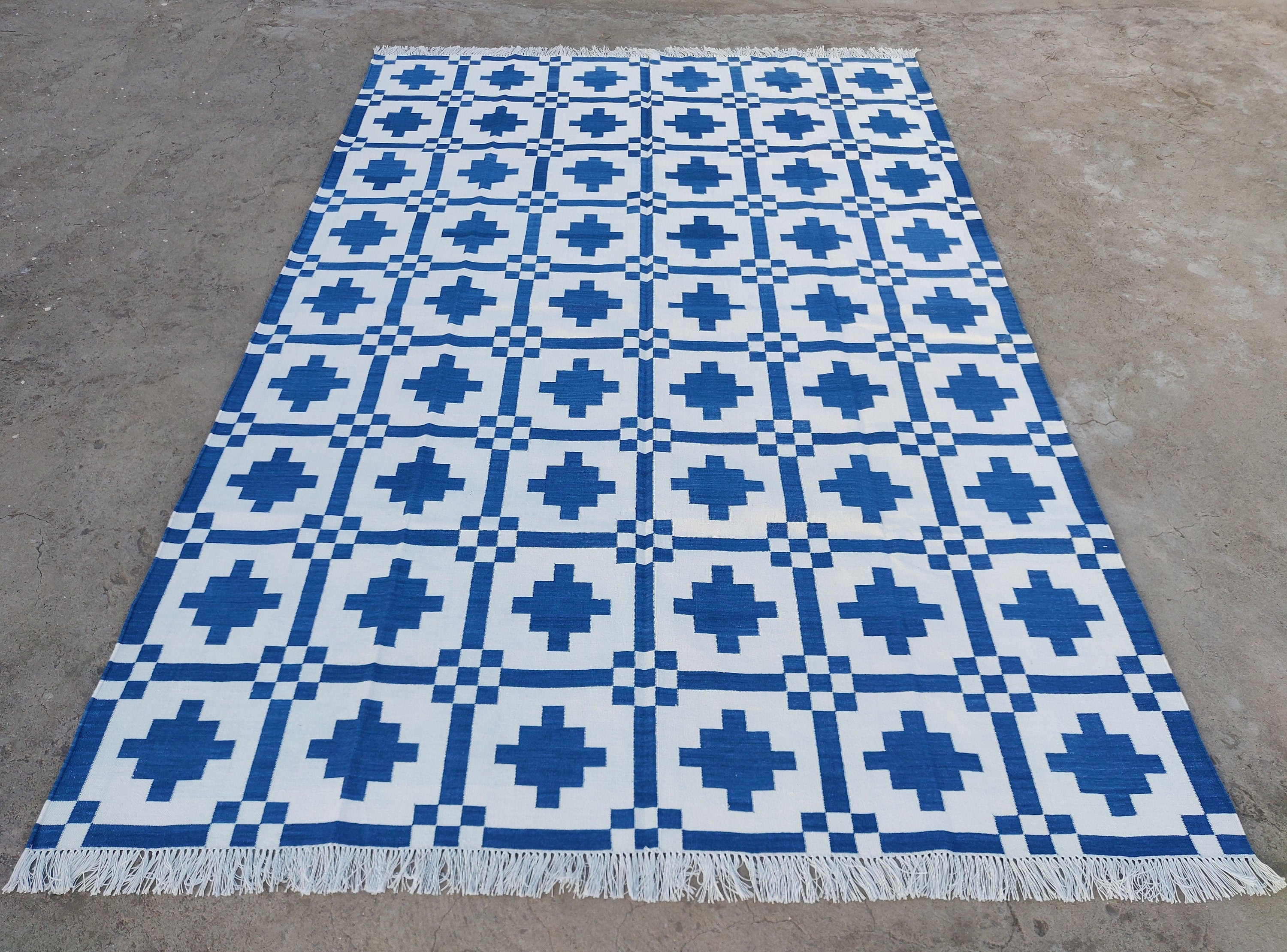 Modern Handmade Cotton Area Flat Weave Rug, Natural Vegetable Dyed, Blue & White Geometric Indian Dhurrie, Kilim Striped Rug, Wall Tapestry
