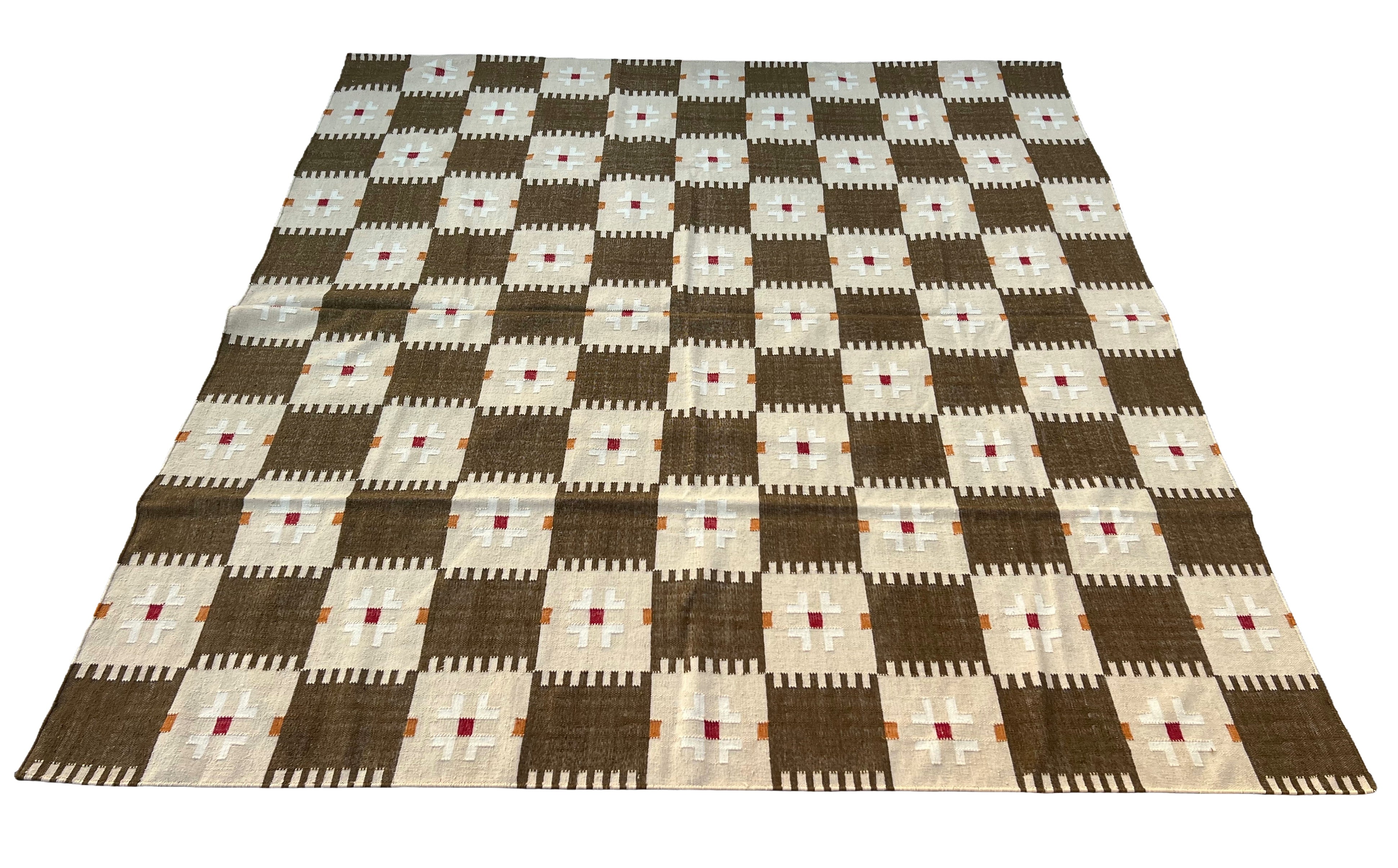 Modern Handmade Woolen Brown, Cream, Red And Mustard Geometric Rug-6803
