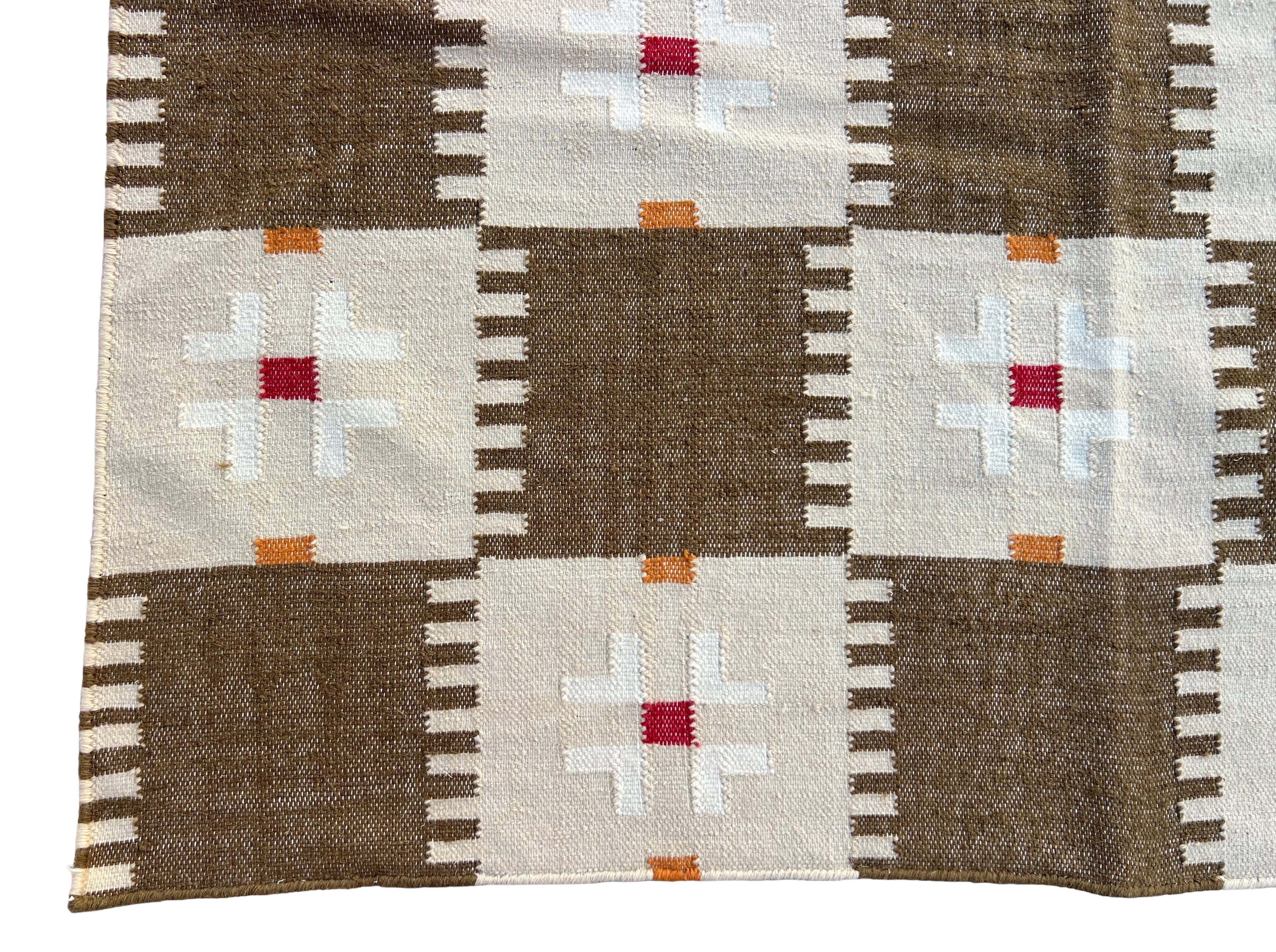 Modern Handmade Woolen Brown, Cream, Red And Mustard Geometric Rug-6803
