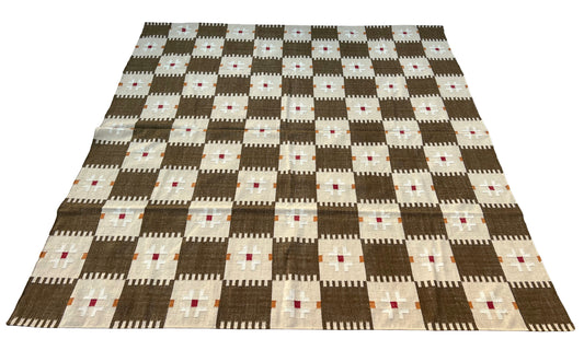 Modern Handmade Woolen Brown, Cream, Red And Mustard Geometric Rug-6803
