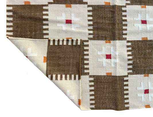Modern Handmade Woolen Brown, Cream, Red And Mustard Geometric Rug-6803