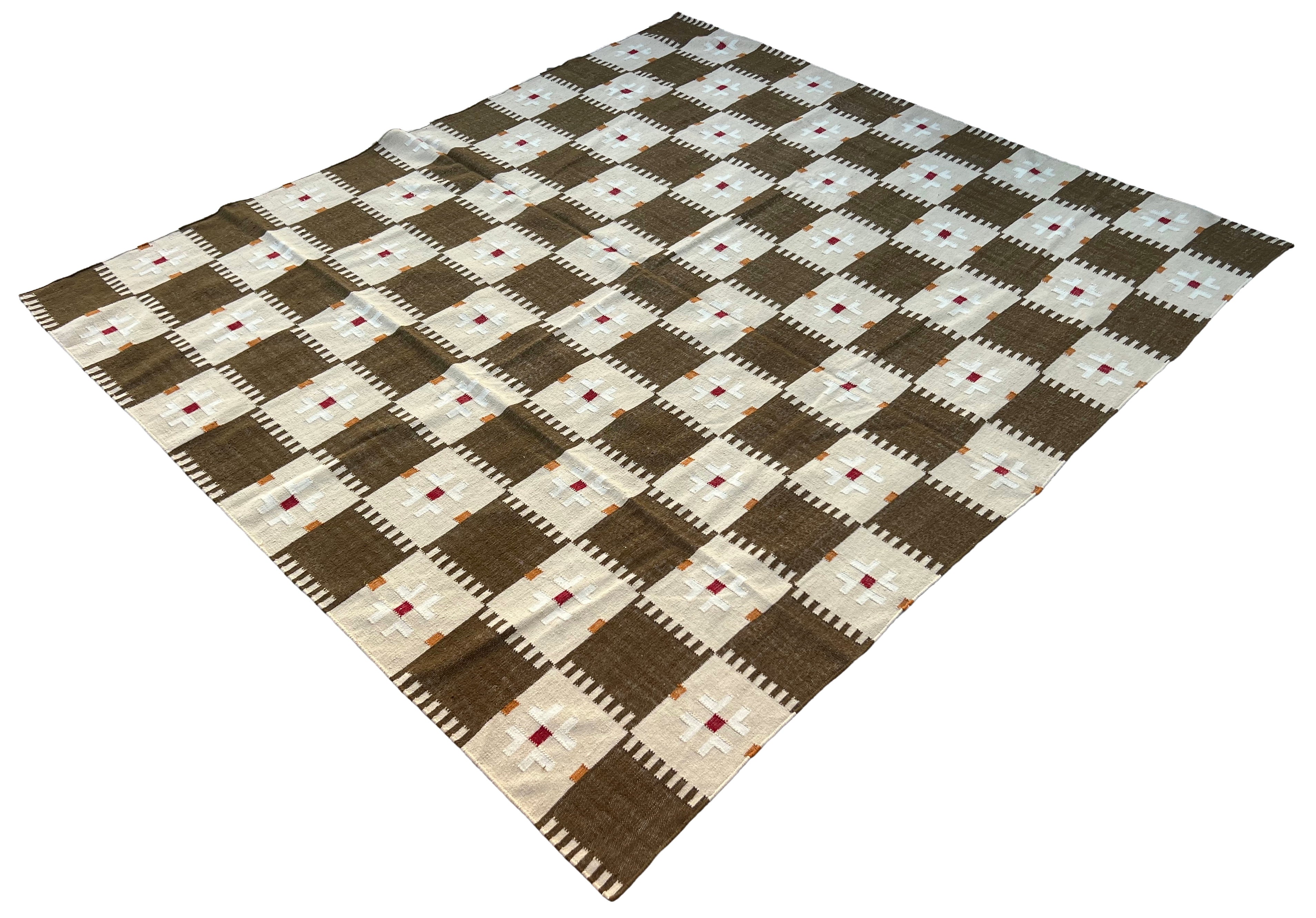 Modern Handmade Woolen Brown, Cream, Red And Mustard Geometric Rug-6803