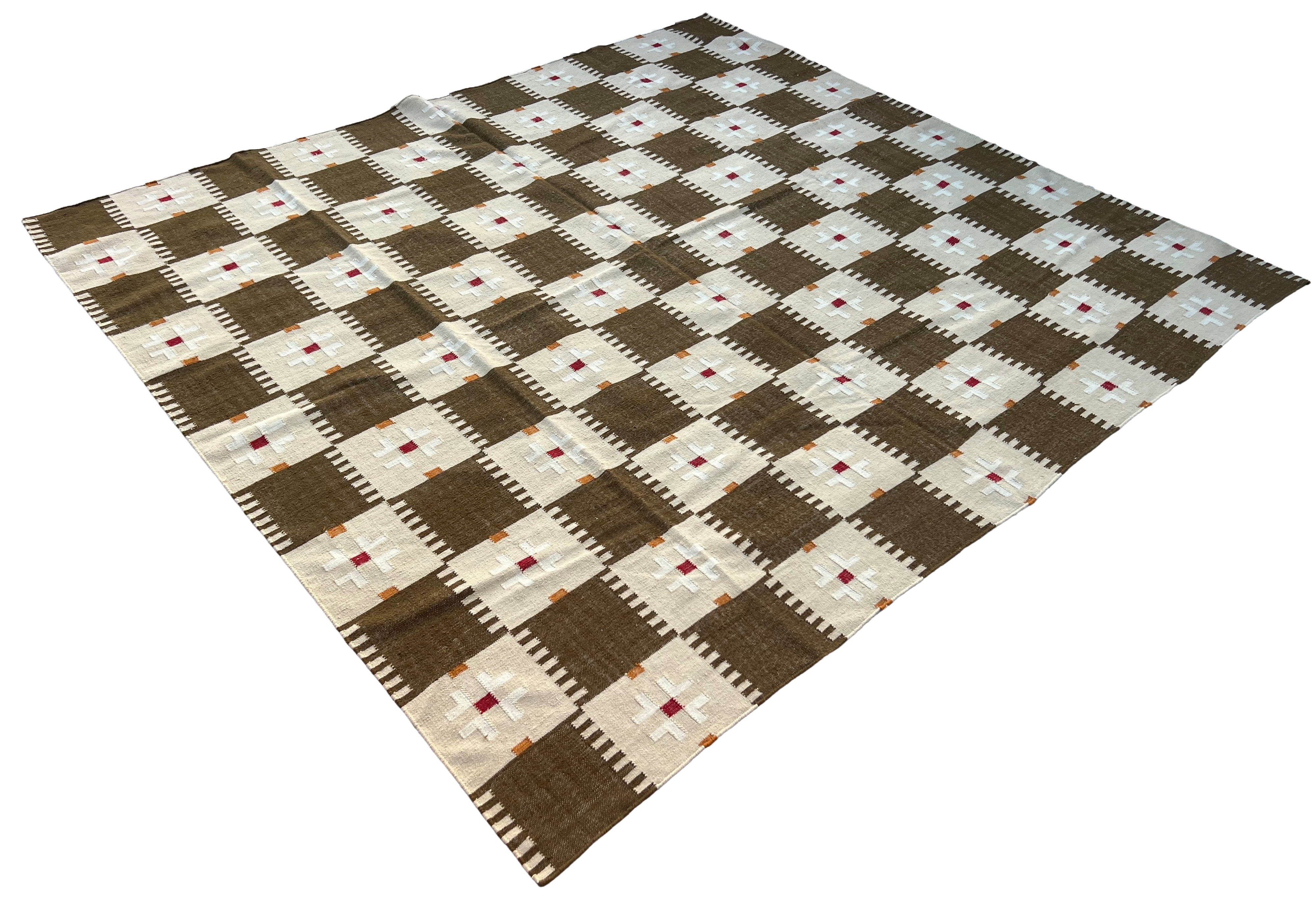 Modern Handmade Woolen Brown, Cream, Red And Mustard Geometric Rug-6803