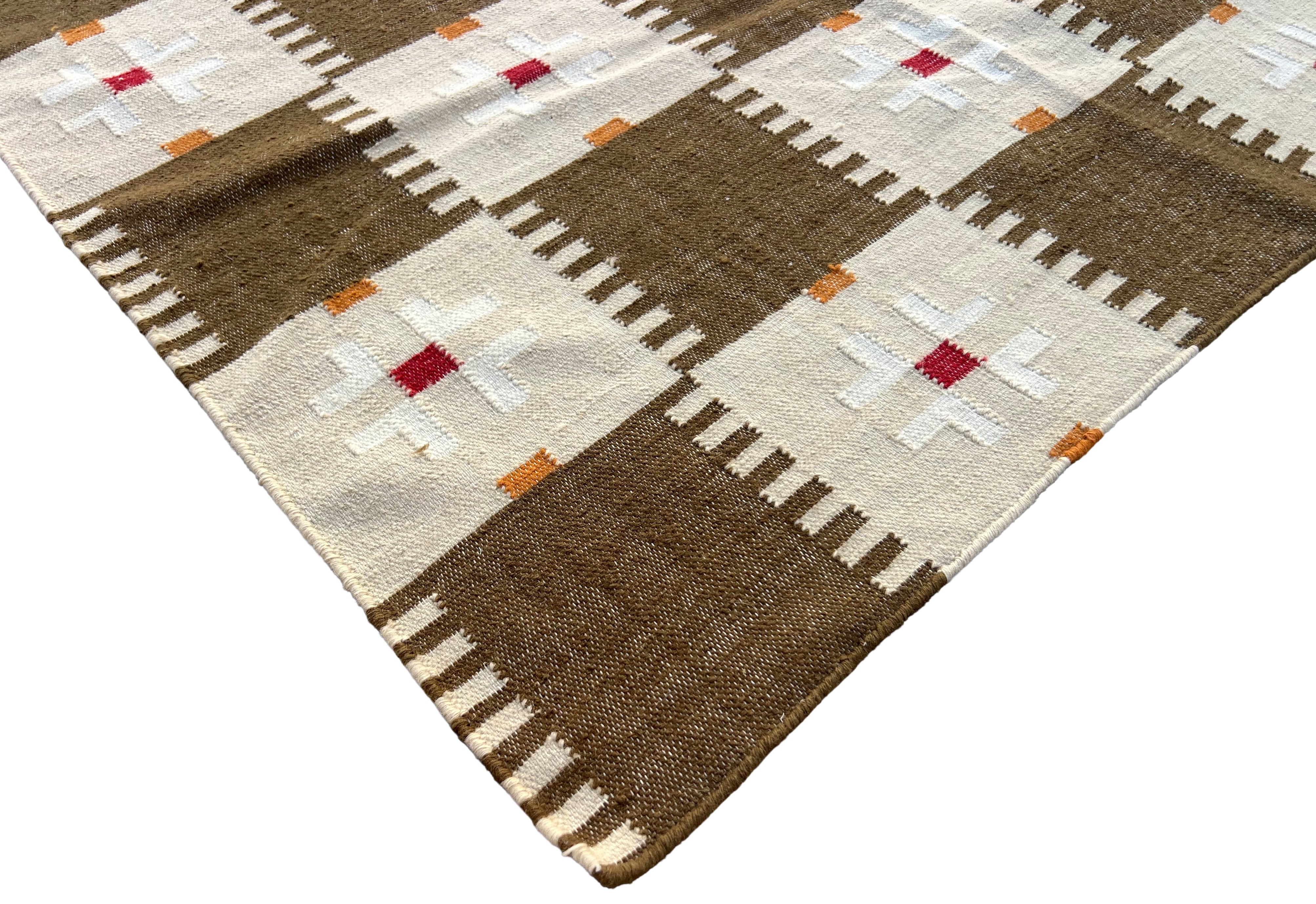 Modern Handmade Woolen Brown, Cream, Red And Mustard Geometric Rug-6803