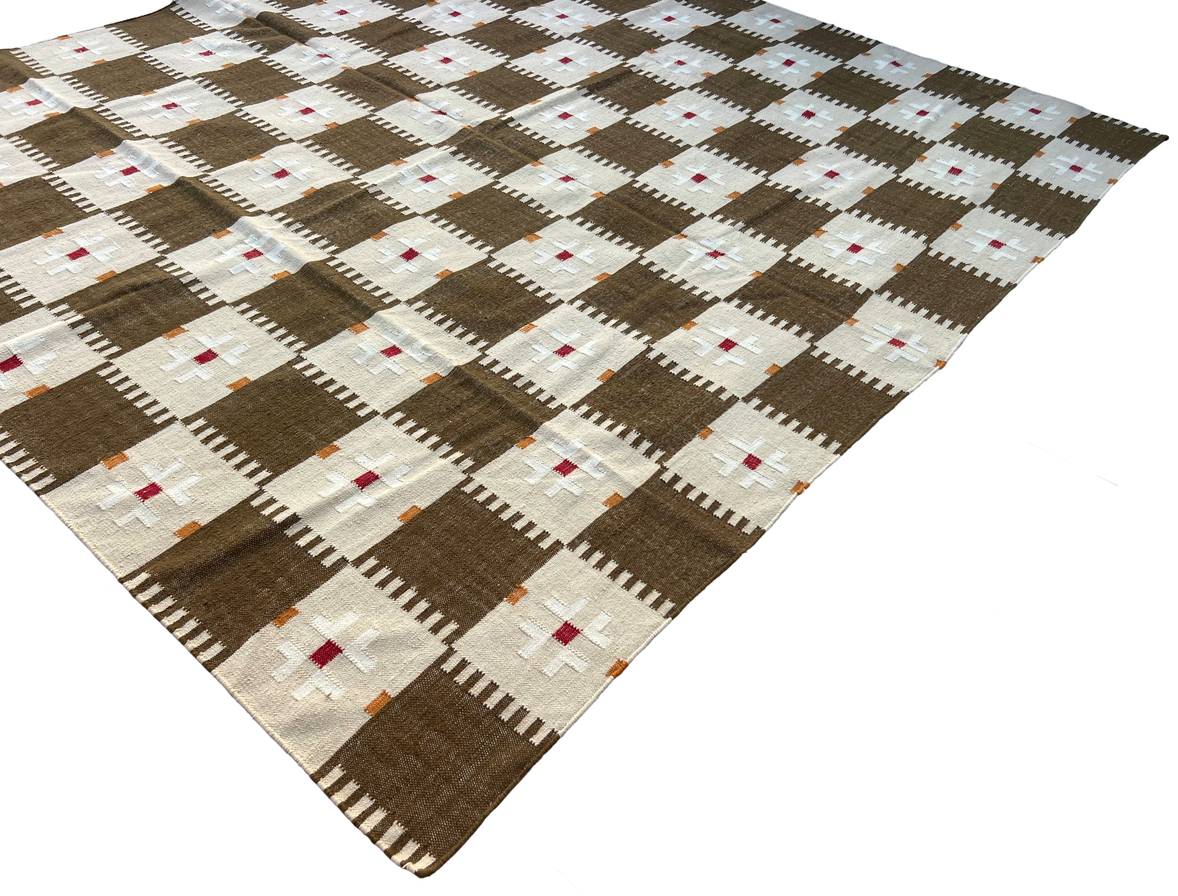 Modern Handmade Woolen Brown, Cream, Red And Mustard Geometric Rug-6803