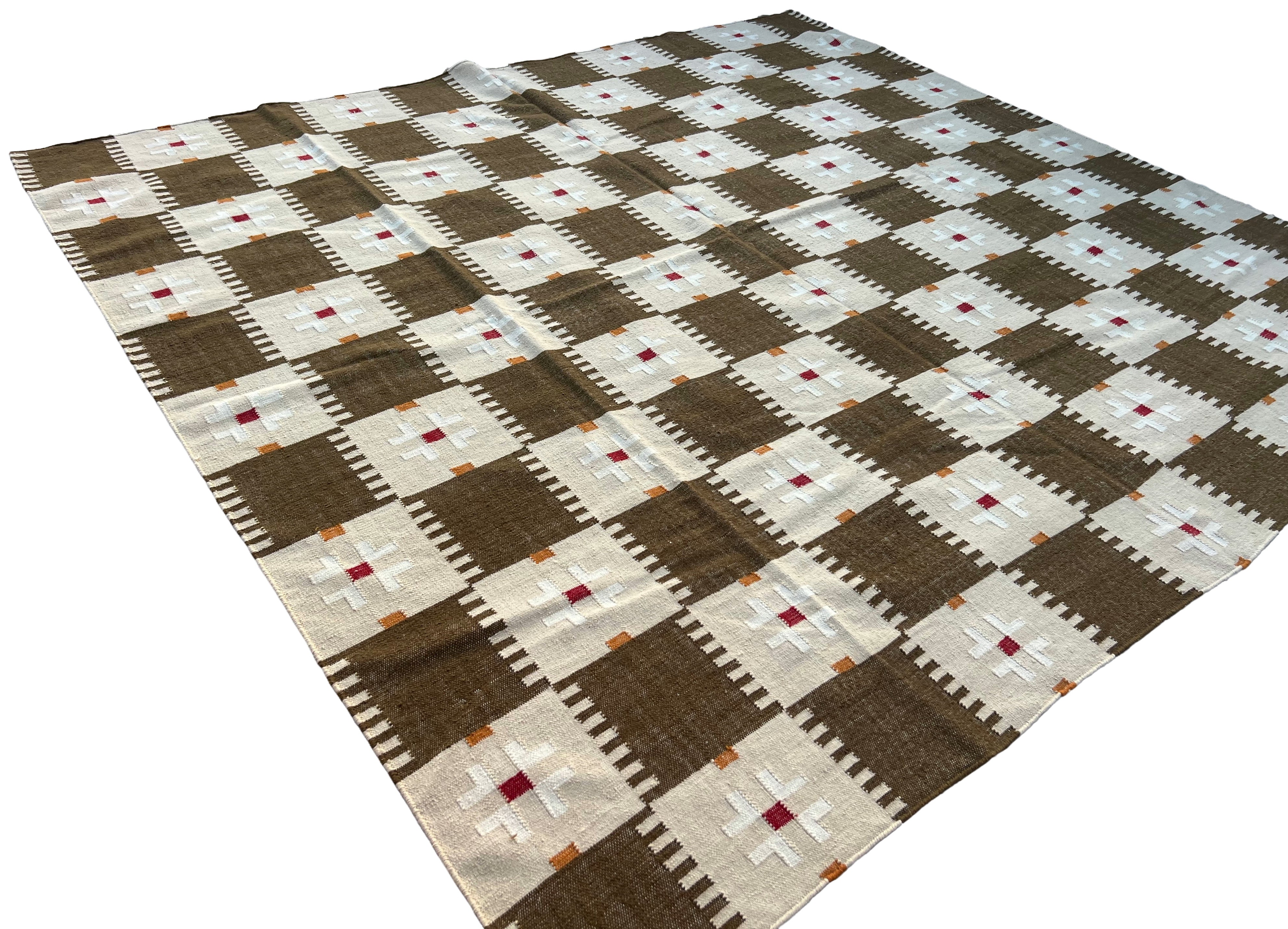 Modern Handmade Woolen Brown, Cream, Red And Mustard Geometric Rug-6803