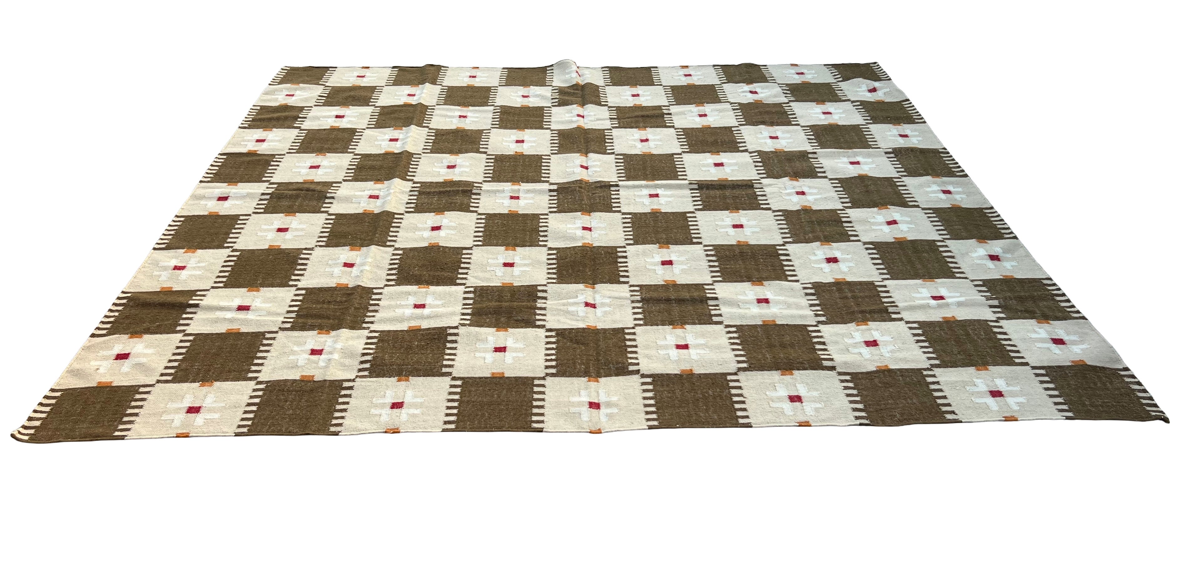 Modern Handmade Woolen Brown, Cream, Red And Mustard Geometric Rug-6803