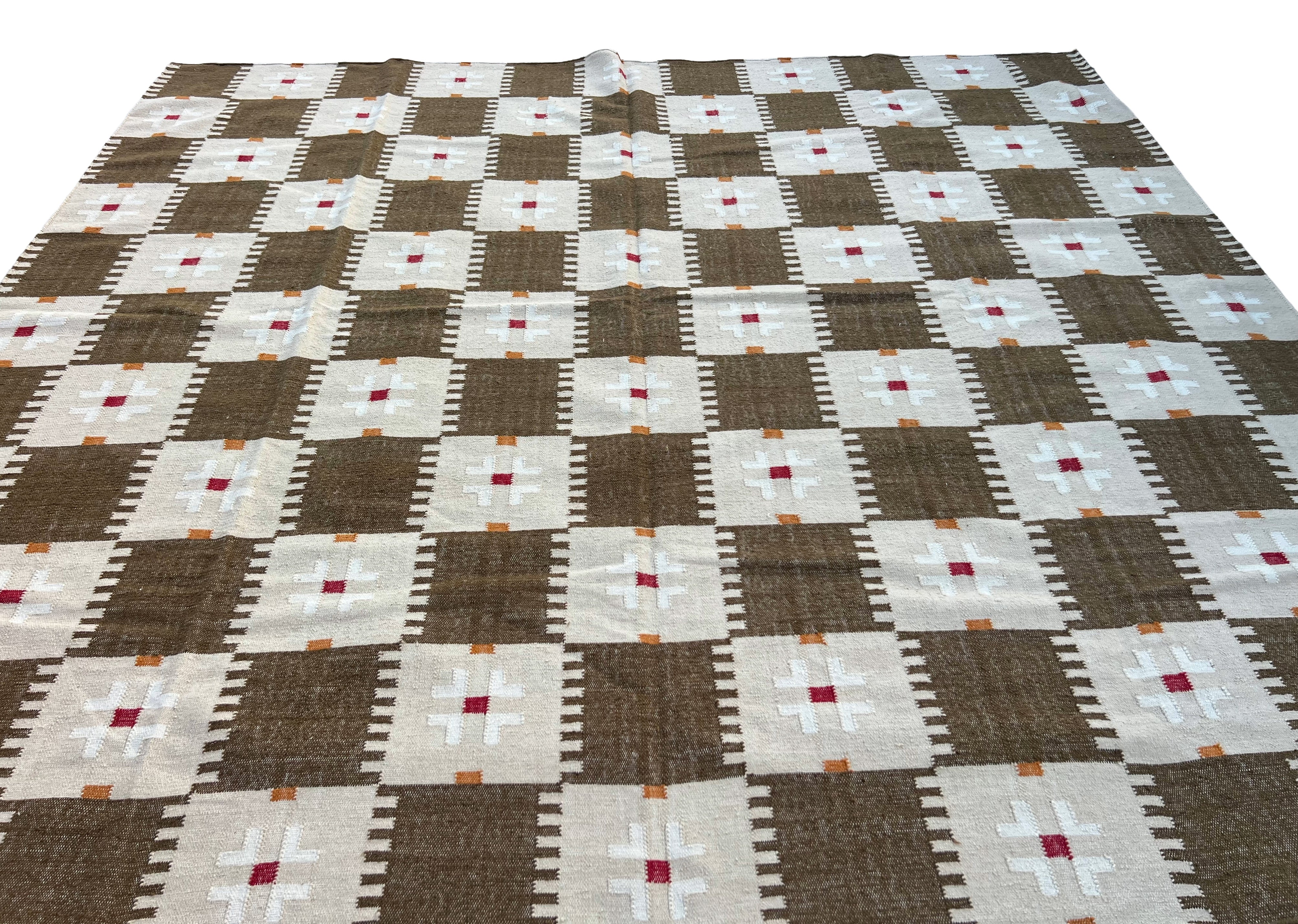 Modern Handmade Woolen Brown, Cream, Red And Mustard Geometric Rug-6803