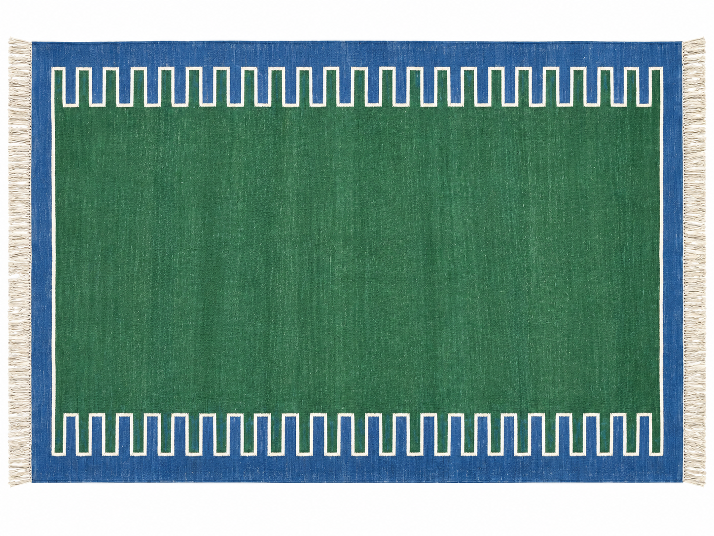 Modern Handmade Cotton Forest Green, Cream And Blue Zig Zag Striped Area Rug-6852