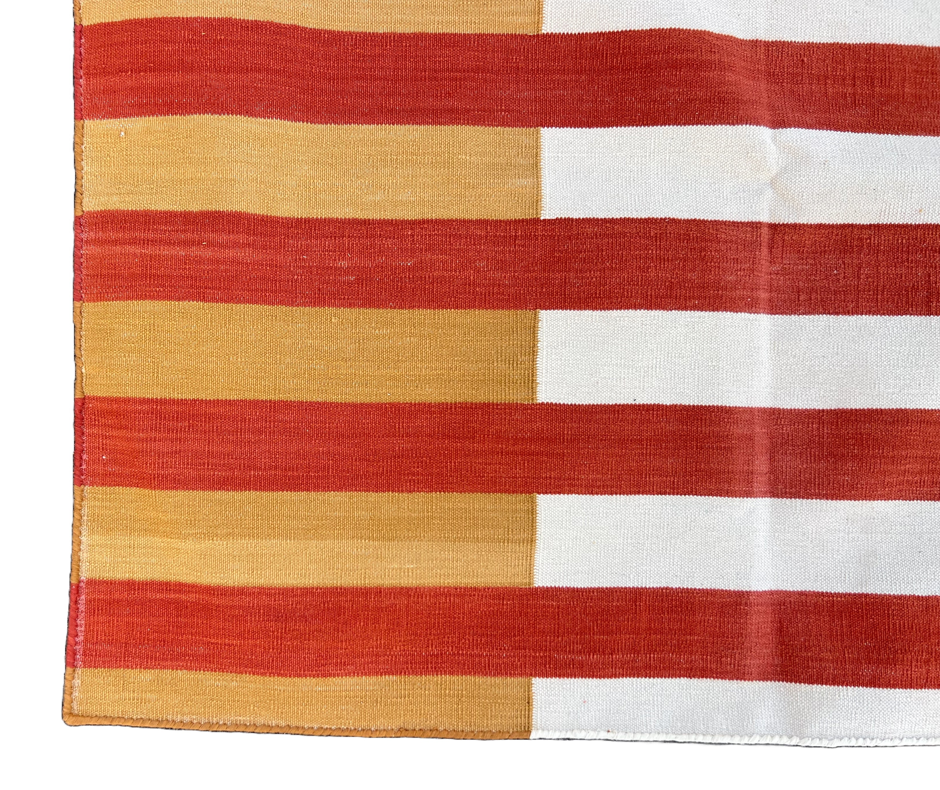 Modern Handmade Cotton Mustard, Cream And Terracotta Striped Area Rug-6755