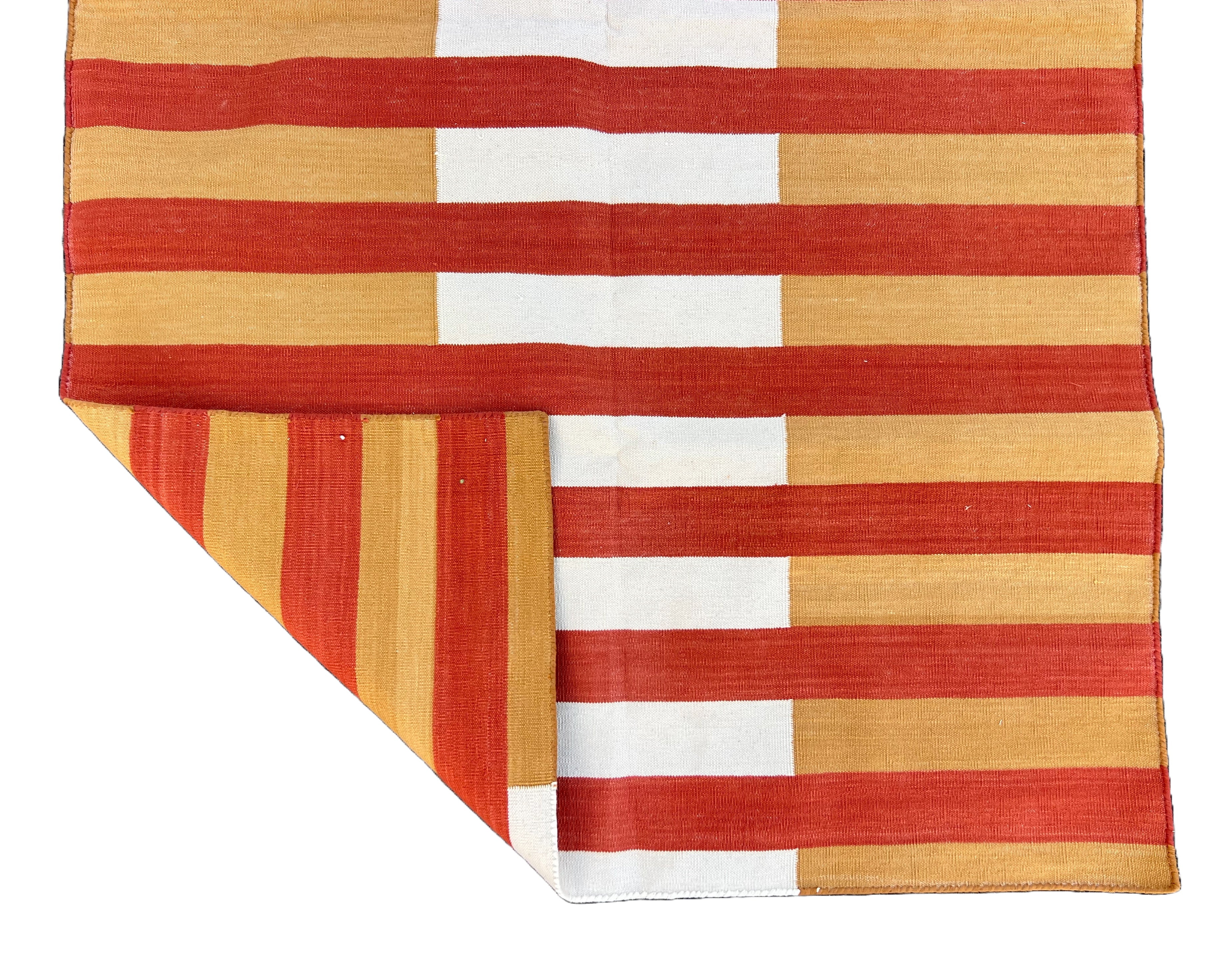 Modern Handmade Cotton Mustard, Cream And Terracotta Striped Area Rug-6755