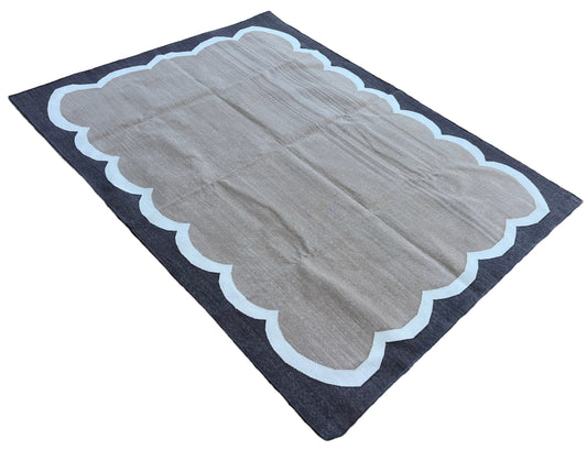 Modern Handmade Cotton Beige, Cream and Coffee Brown Scalloped Rug-6796