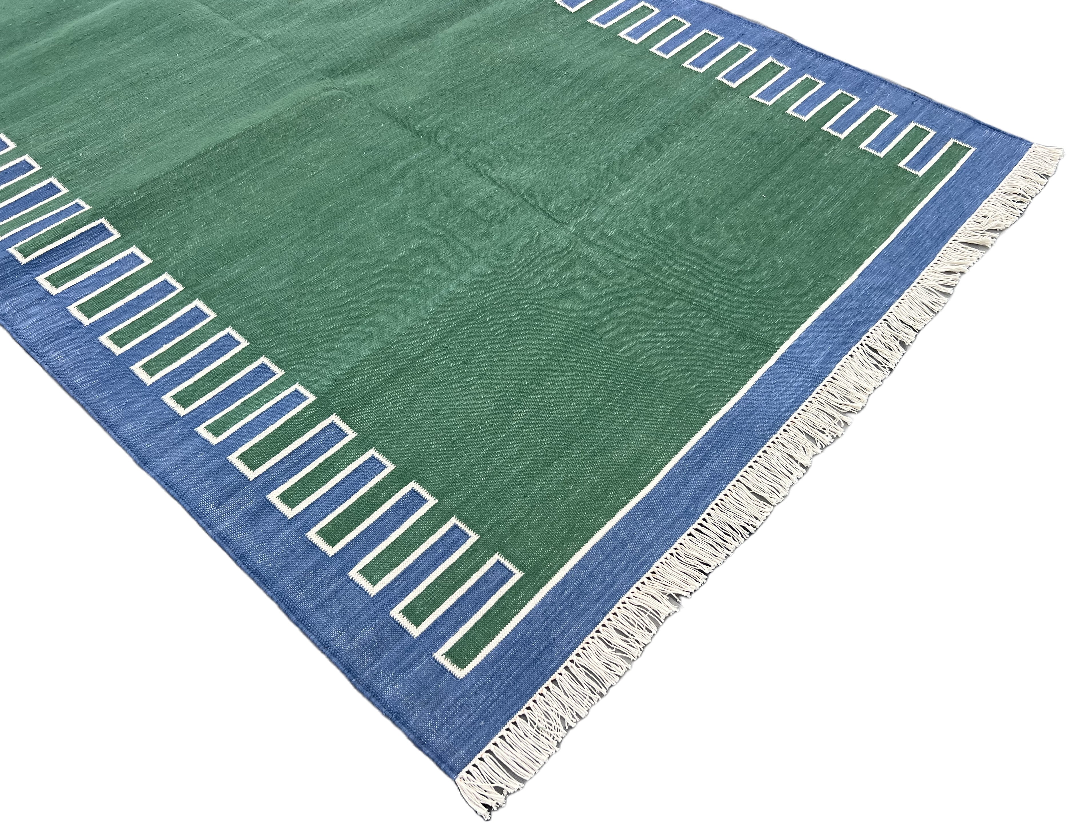 Modern Handmade Cotton Forest Green, Cream And Blue Zig Zag Striped Area Rug-6852