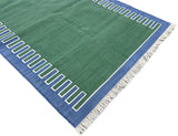 Modern Handmade Cotton Forest Green, Cream And Blue Zig Zag Striped Area Rug-6852