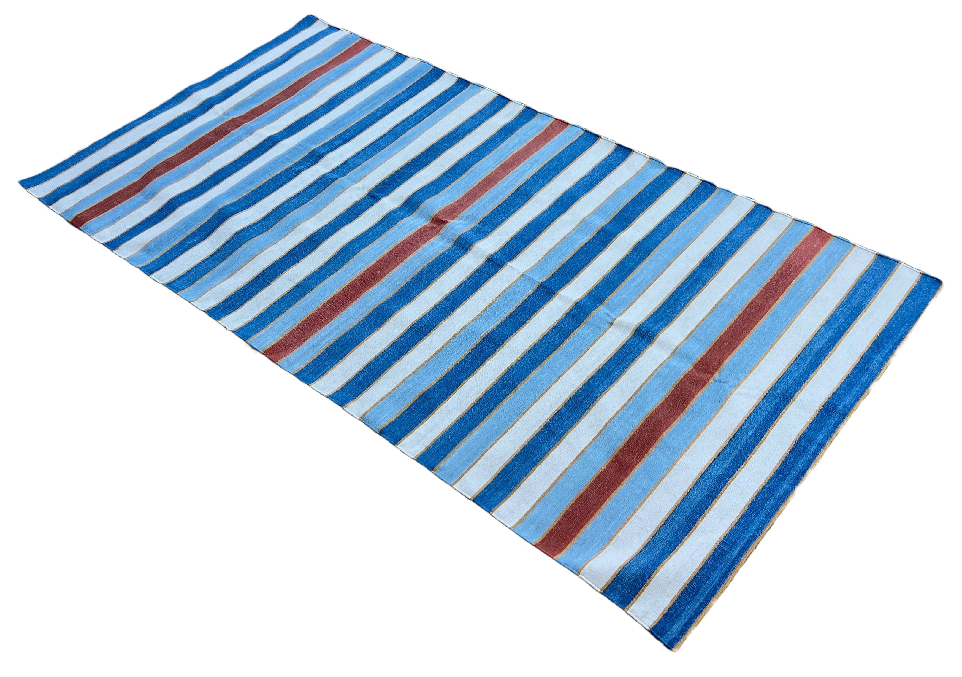 Modern Handmade Cotton Sky Blue, Red And White Striped Dhurrie Runner-6793