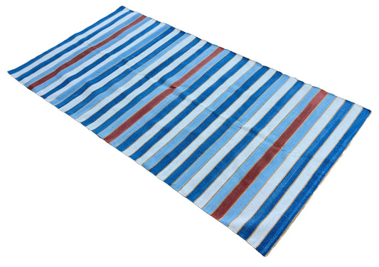 Modern Handmade Cotton Sky Blue, Red And White Striped Dhurrie Runner-6793