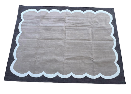 Modern Handmade Cotton Beige, Cream and Coffee Brown Scalloped Rug-6796