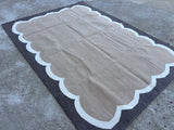 Modern Handmade Cotton Beige, Cream and Coffee Brown Scalloped Rug-6796
