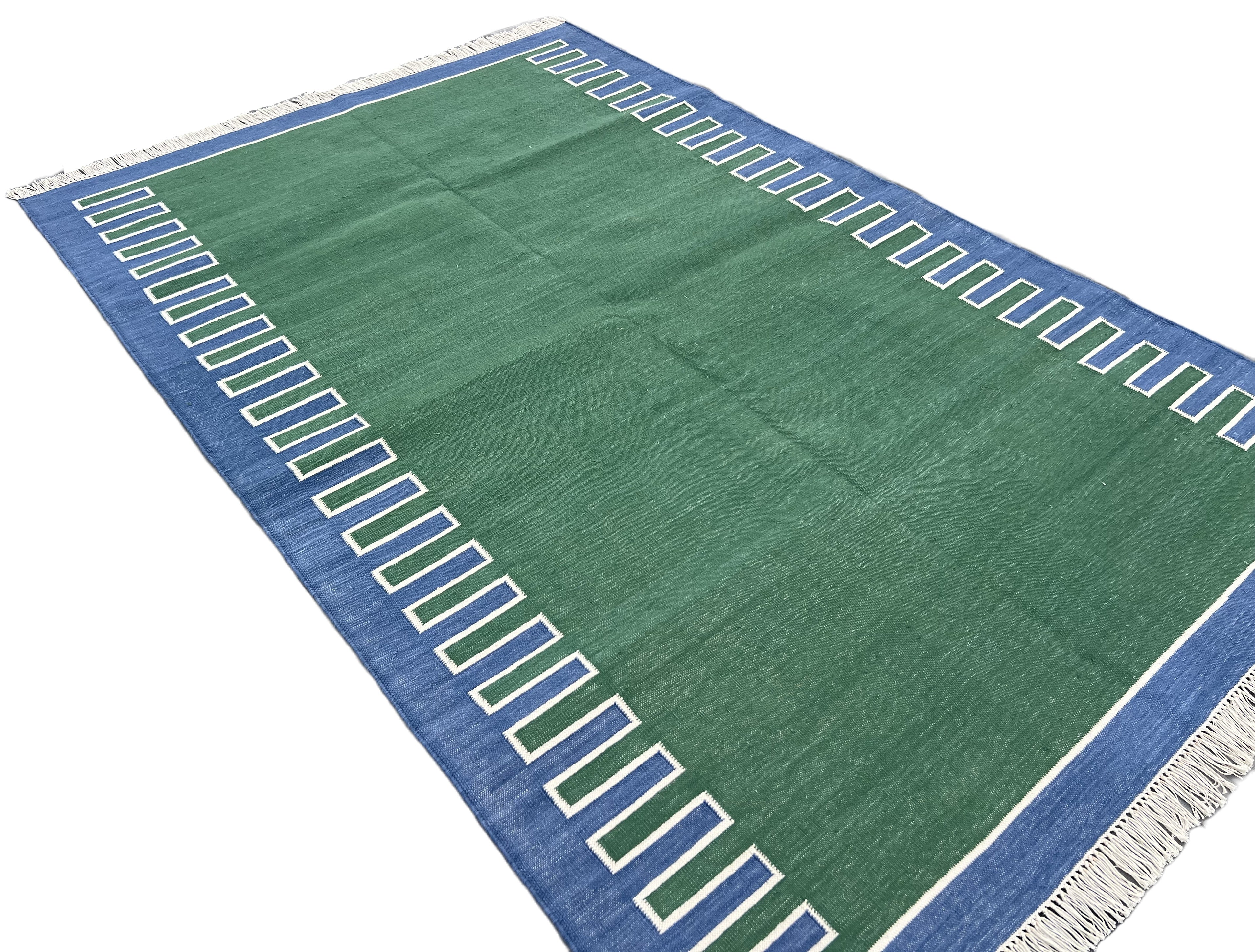 Modern Handmade Cotton Forest Green, Cream And Blue Zig Zag Striped Area Rug-6852