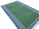 Modern Handmade Cotton Forest Green, Cream And Blue Zig Zag Striped Area Rug-6852