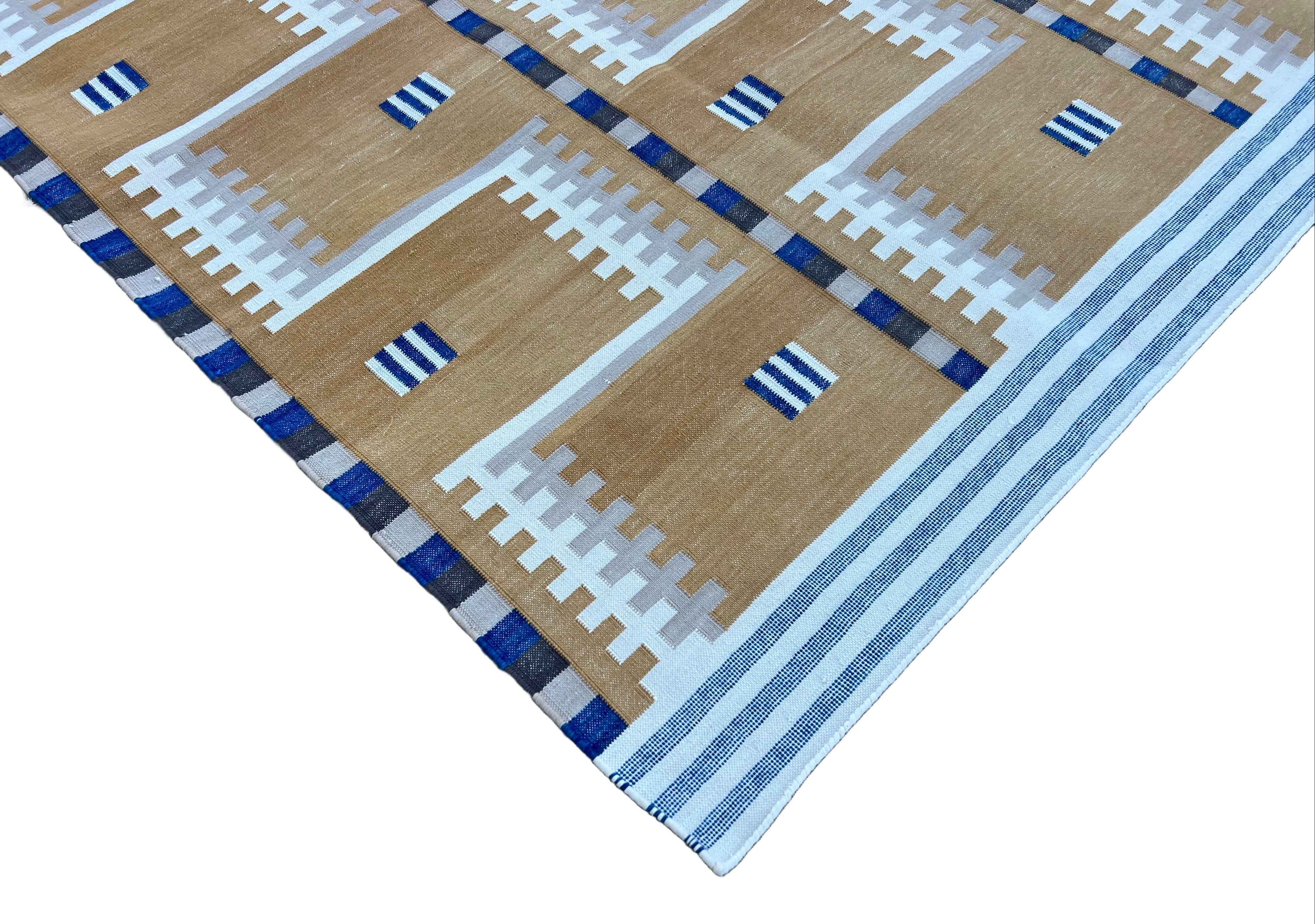 Modern Handmade Cotton Flat Weave Mustard And Blue Geometric Rug-6537