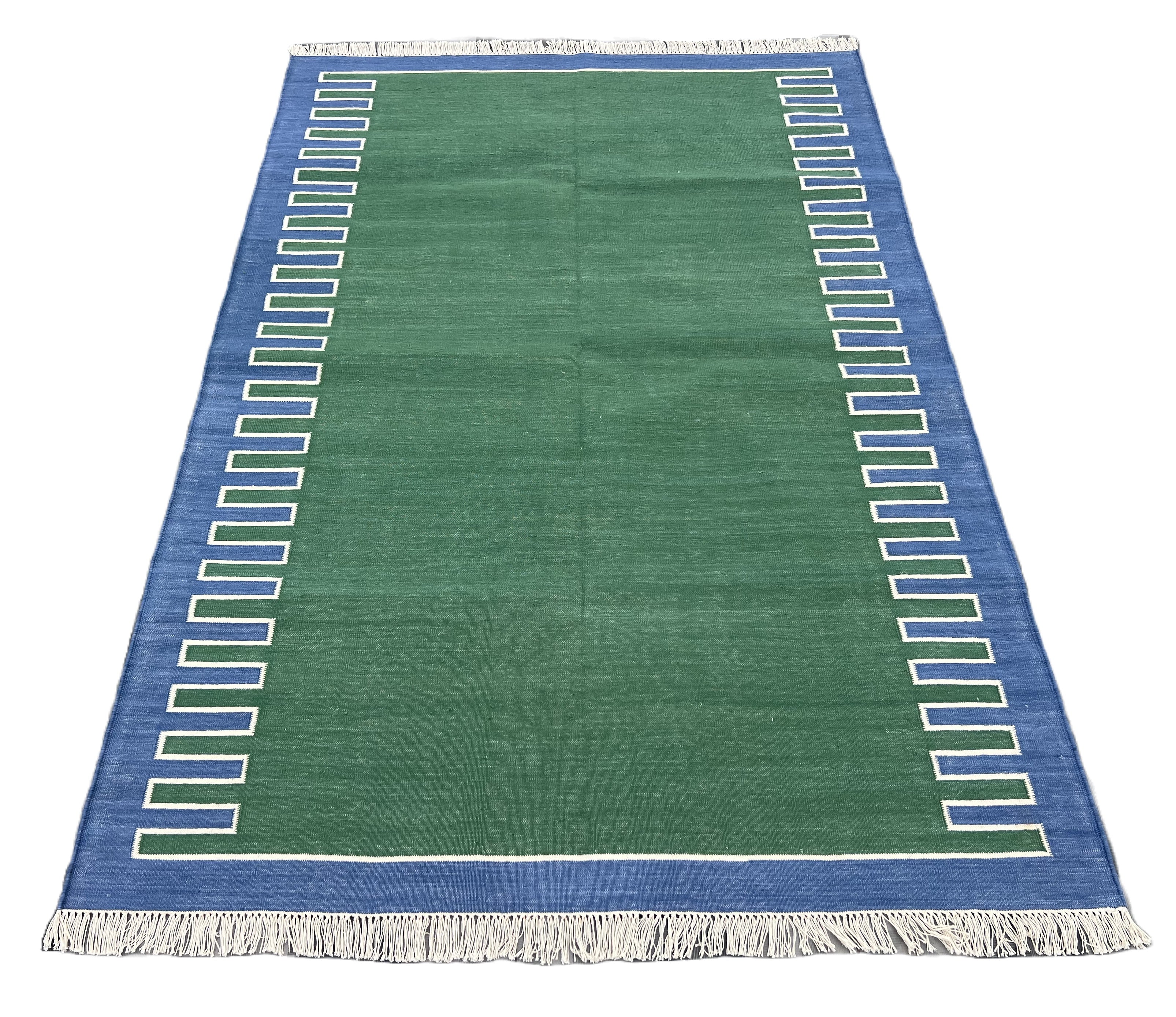 Modern Handmade Cotton Forest Green, Cream And Blue Zig Zag Striped Area Rug-6852