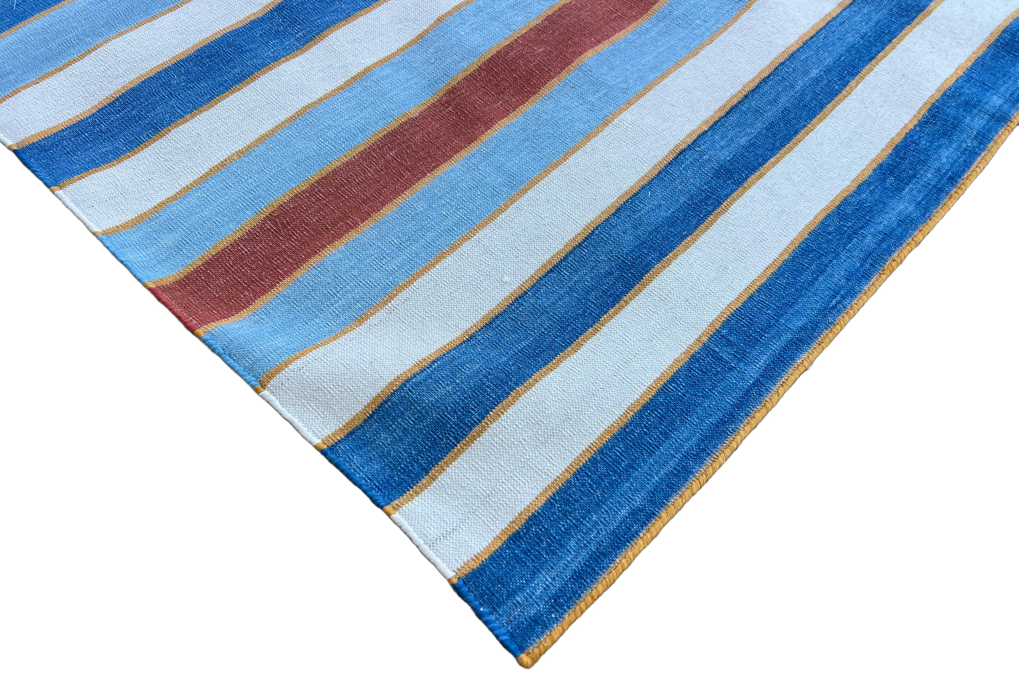 Modern Handmade Cotton Sky Blue, Red And White Striped Dhurrie Runner-6793
