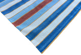 Modern Handmade Cotton Sky Blue, Red And White Striped Dhurrie Runner-6793