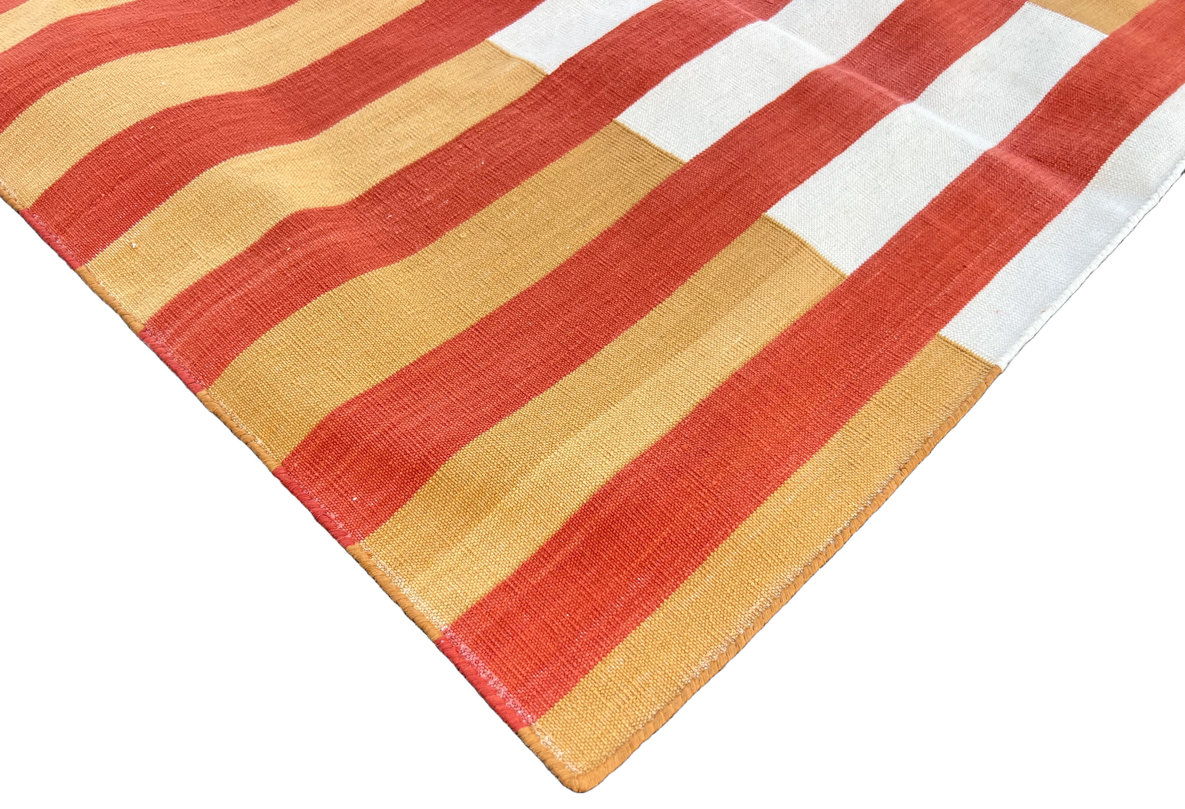 Modern Handmade Cotton Mustard, Cream And Terracotta Striped Area Rug-6755