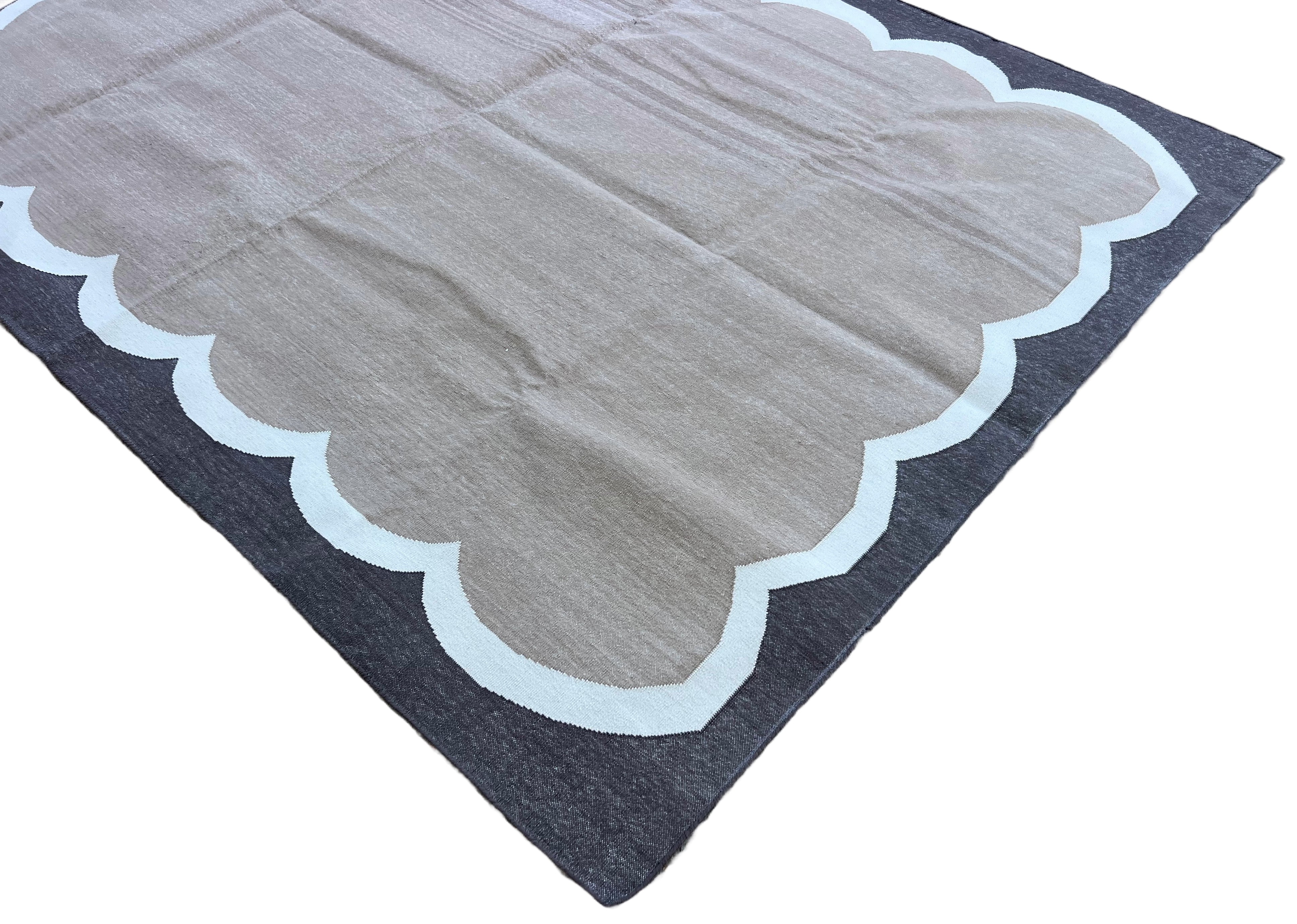 Modern Handmade Cotton Beige, Cream and Coffee Brown Scalloped Rug-6796