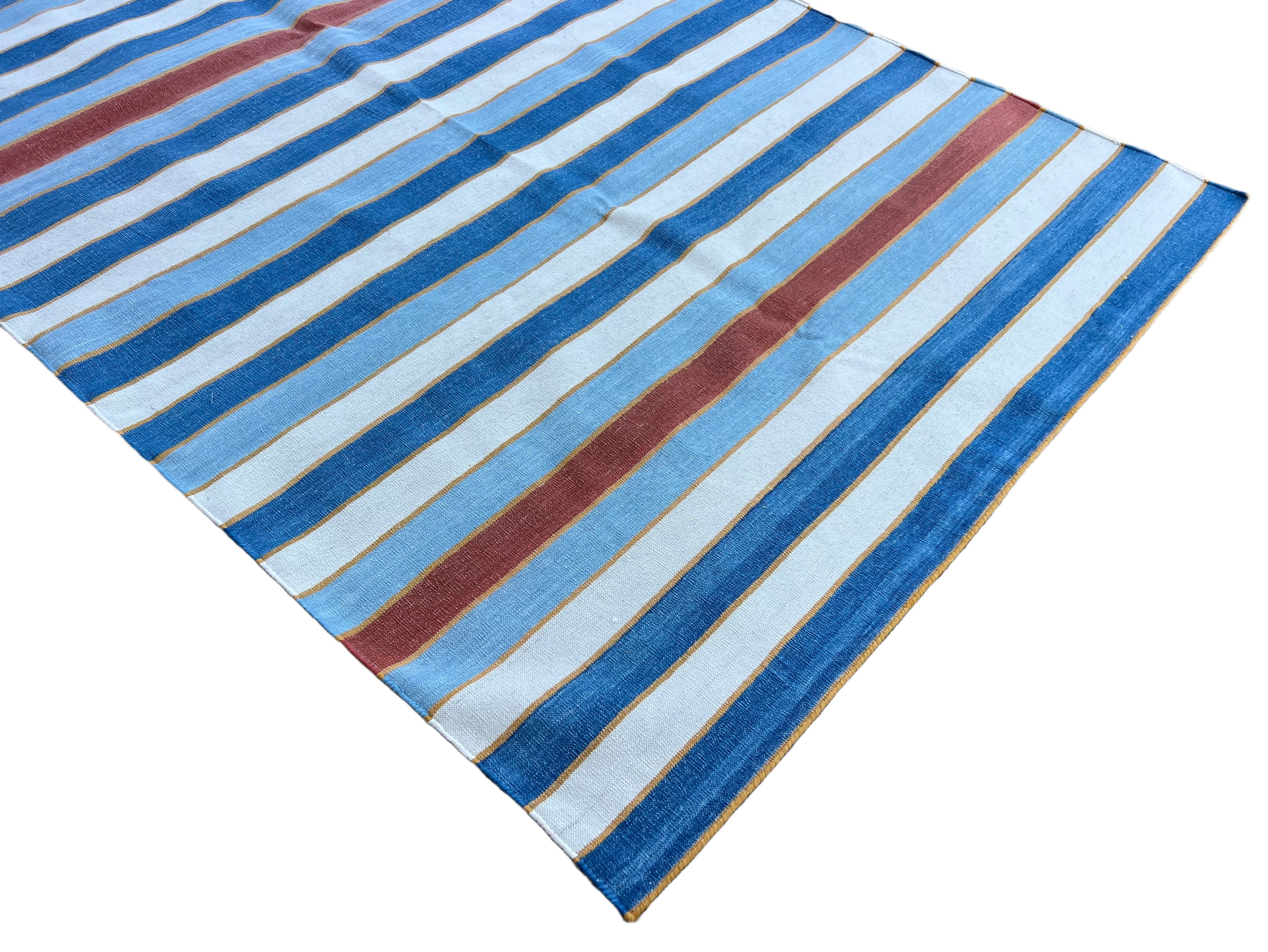 Modern Handmade Cotton Sky Blue, Red And White Striped Dhurrie Runner-6793