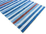 Modern Handmade Cotton Sky Blue, Red And White Striped Dhurrie Runner-6793