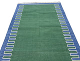 Modern Handmade Cotton Forest Green, Cream And Blue Zig Zag Striped Area Rug-6852
