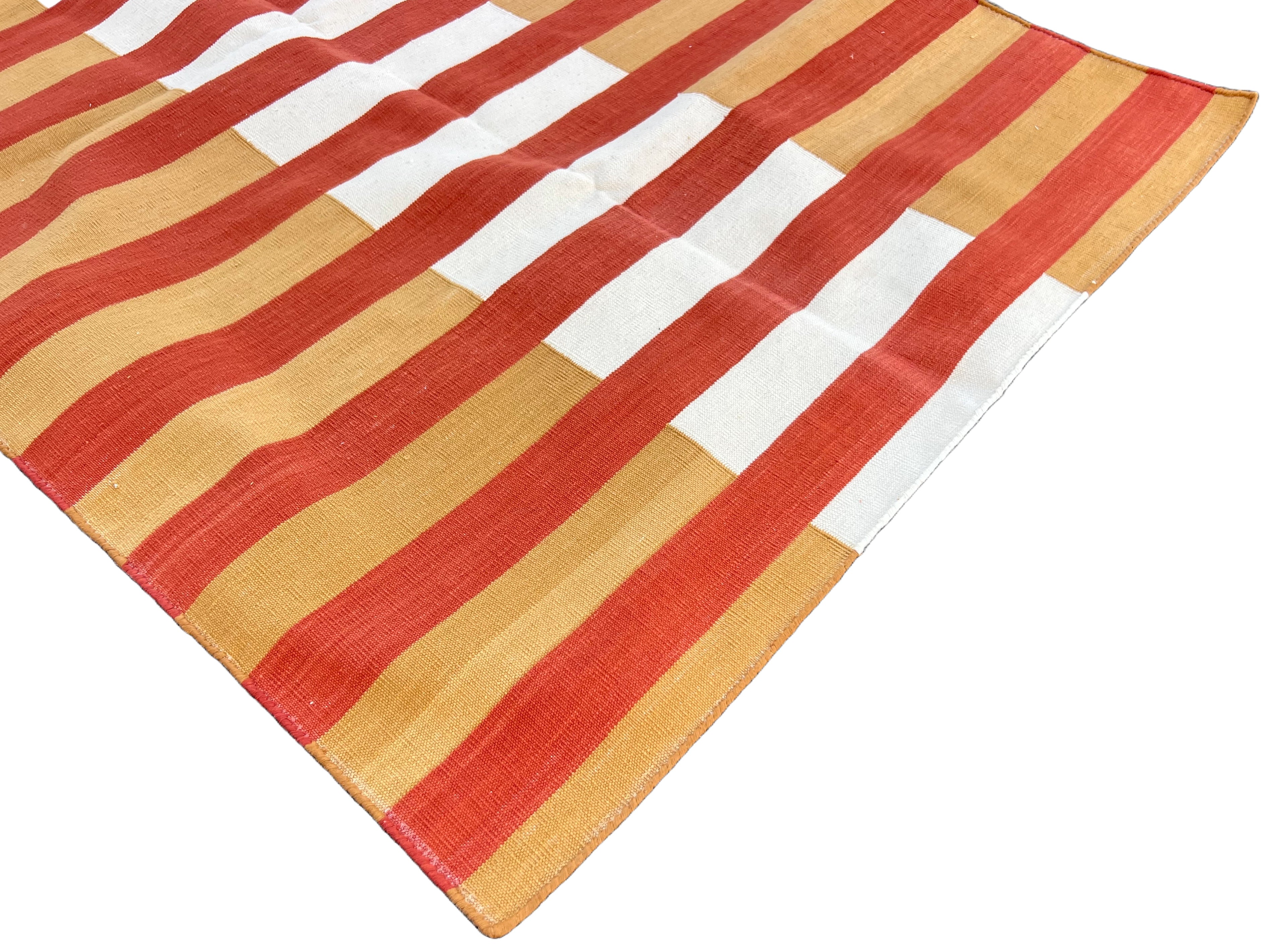 Modern Handmade Cotton Mustard, Cream And Terracotta Striped Area Rug-6755