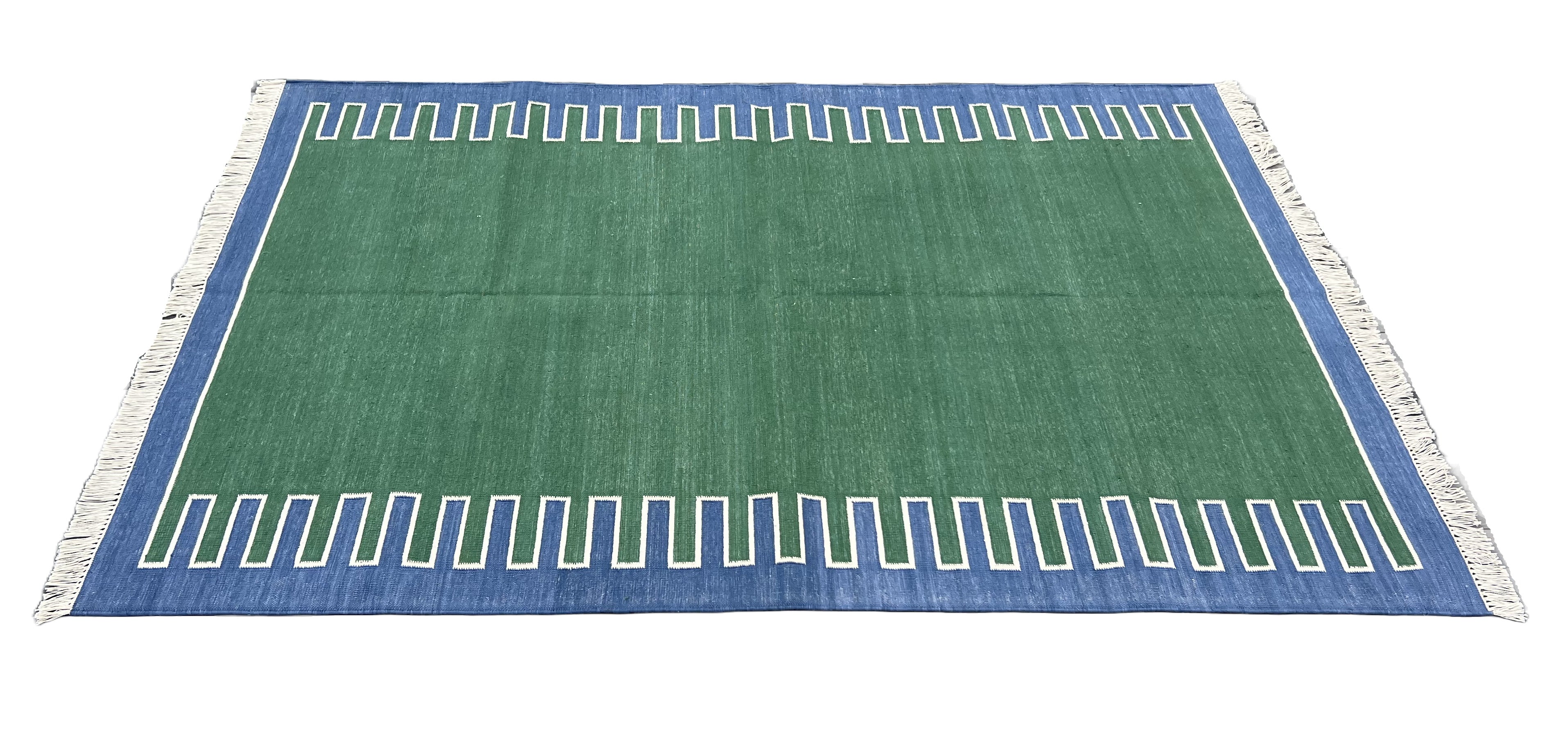 Modern Handmade Cotton Forest Green, Cream And Blue Zig Zag Striped Area Rug-6852