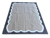 Modern Handmade Cotton Beige, Cream and Coffee Brown Scalloped Rug-6796