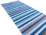 Modern Handmade Cotton Sky Blue, Red And White Striped Dhurrie Runner-6793