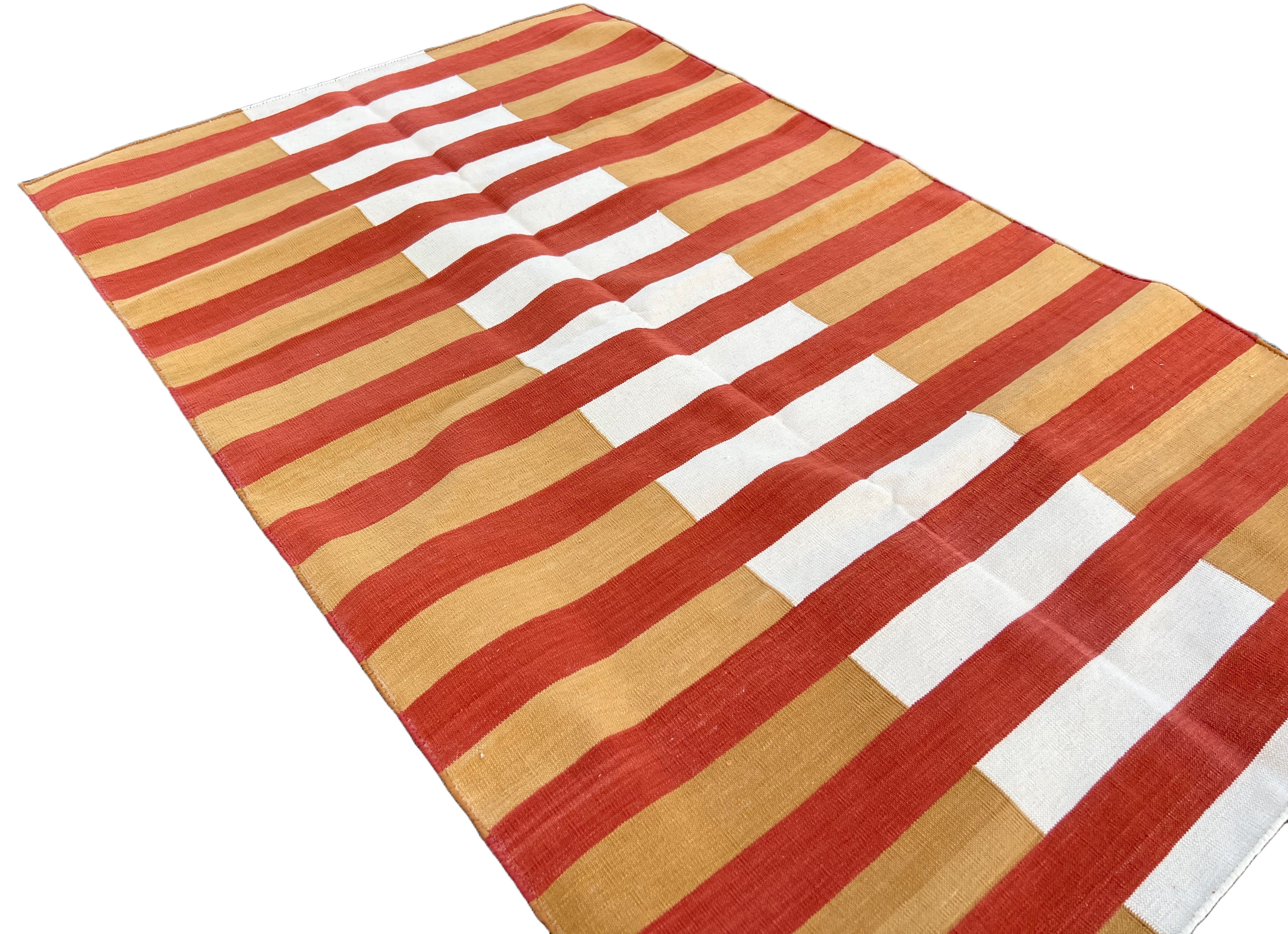 Modern Handmade Cotton Mustard, Cream And Terracotta Striped Area Rug-6755