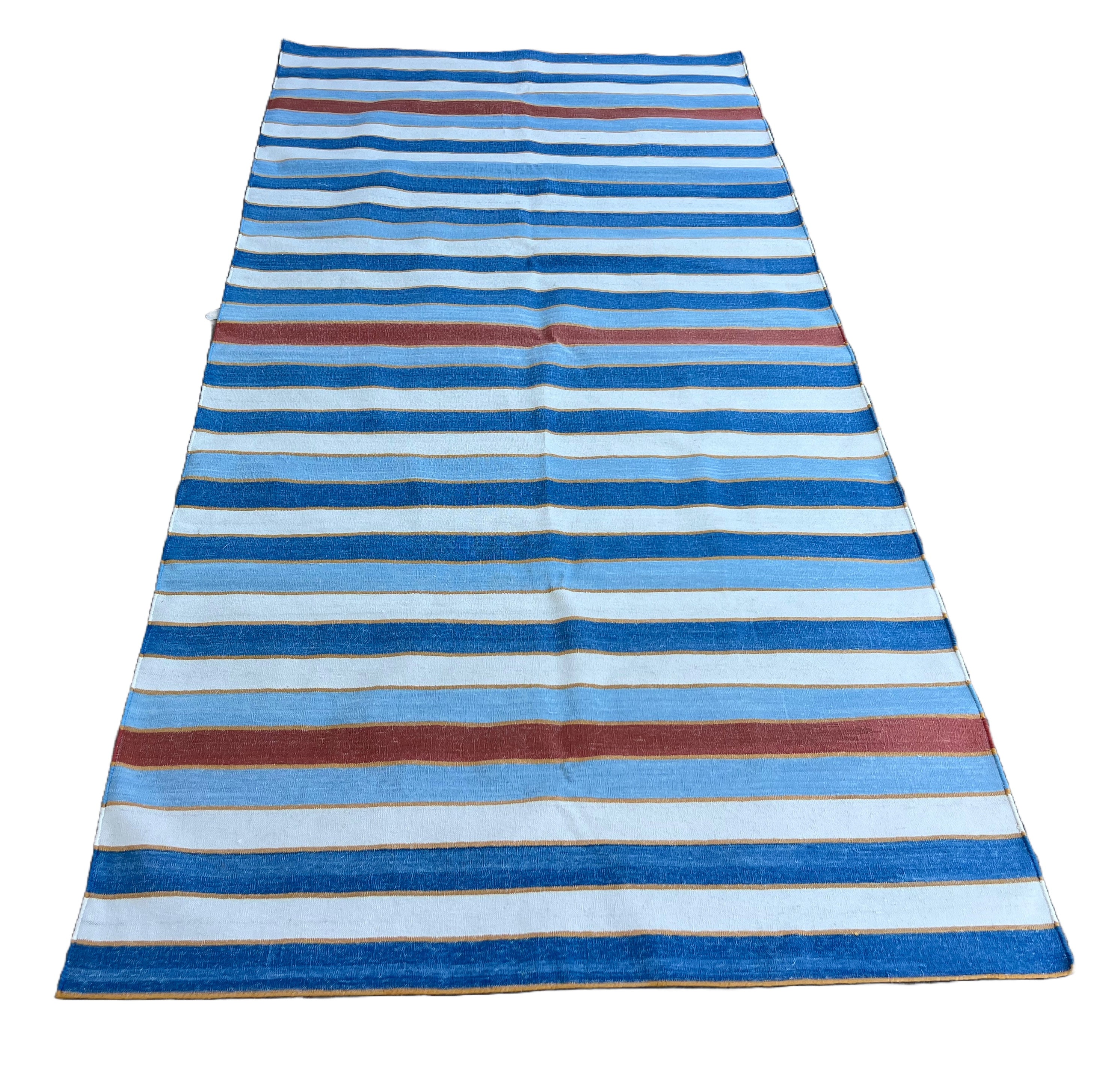Modern Handmade Cotton Sky Blue, Red And White Striped Dhurrie Runner-6793